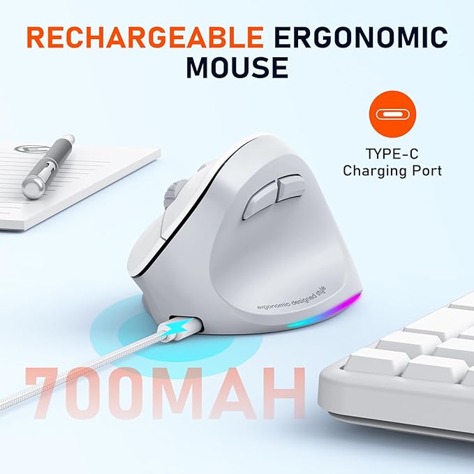 MEETION Ergonomic Mouse, Wireless Vertical Mouse RGB Backlit Rechargeable Mice for Bluetooth(5.2 + 3.0) & USB-A with Type-c Adapter 4 Adjustable DPI Mac/Windows/Andriod/Tablet/iPad Gray