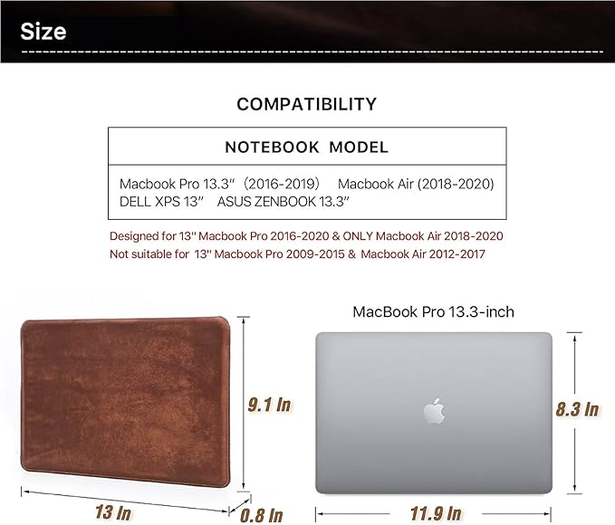 Top Grain Leather 13.3" Slim Laptop Sleeve Protector, Solid Minimalist Vintage Design, Handmade, Compatible with MacBook Pro 13.3" MacBook Air 2022 DELL XPS 13" & Other PC, Coffee 13.3 Inch