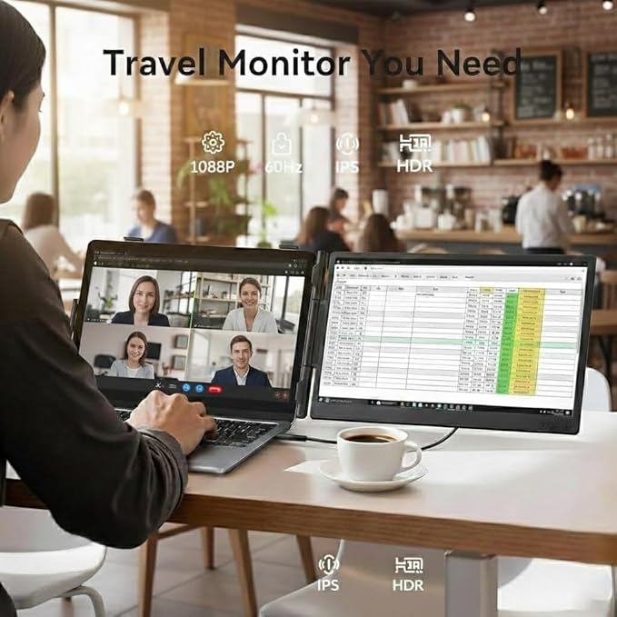 Leudaich 14'' Laptop Dual Screen Extender, 1080P FHD IPS Portable Monitor with Speaker, Ultra-Slim Travel Monitor for 13''-16'' Laptops, Compatible with MacOS, Windows, Android