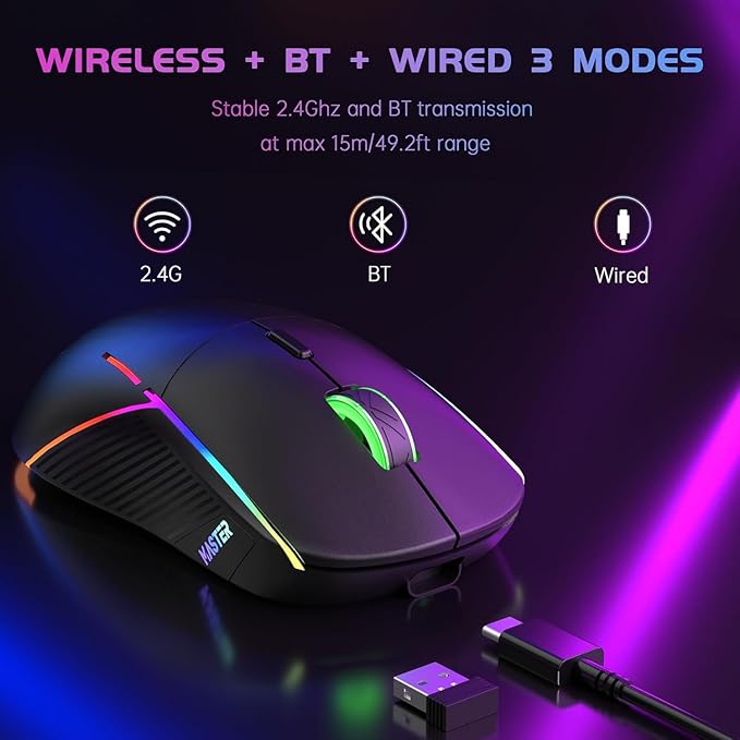 FFJ Wireless Gaming Mouse, 24000 DPI, Tri-Mode 2.4G/USB-C/Bluetooth 5.3 Gaming Mouse Wireless, RGB Programmable Mouse Gamer, 75Hrs Battery Life, Rechargeable Gaming Mice for PC, Mac, Black