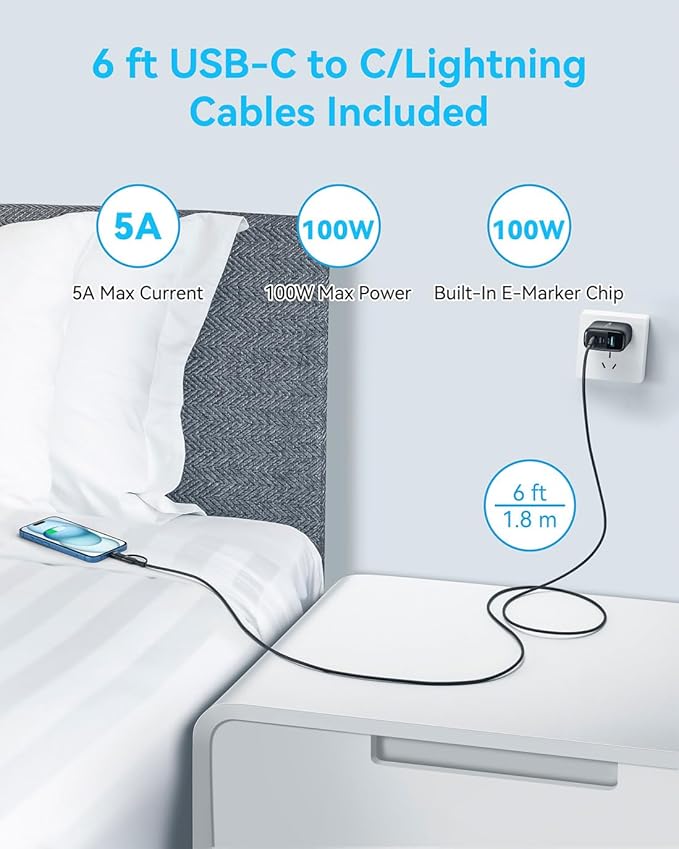 MINLU 65W USB C Charger Block,GaN 3-Port Compact Fast PPS Type C Wall Charger with 6Ft 100W 2 in 1 USB-C/L Cable,Fast Charging for MacBook Pro/Air,iPad,iPhone 17/16/15 and More Series,Galaxy S24 UItra