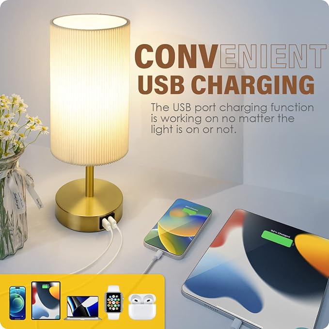 Bedside Lamp with USB port - Touch Control Table Lamp for Bedroom Wood 3 Way Dimmable Nightstand Lamp with Round Pleated Shade for Living Room, Dorm, Home Office (LED Bulb Included) (Pleated)