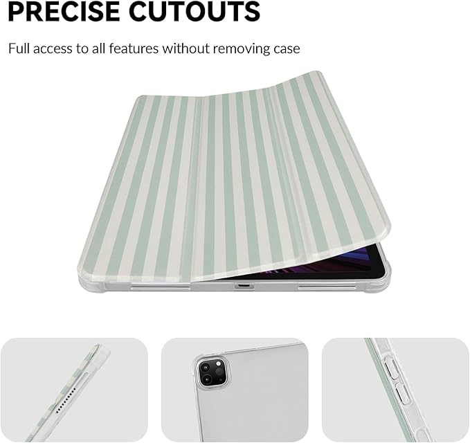 Lovmooful Compatible for iPad Pro 12.9-Inch 2022/2021/2020/2018 (6th/5th/4th/3rd Generation) Case with Pencil Holder Cute Striped with Aesthetic Design Soft TPU Trifold Stand Protective-Green