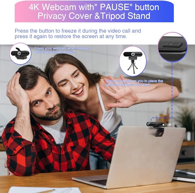 4K Webcam with Microphone, 8MP Laptop PC Desktop Computer Web Camera, USB Webcams for Video Calling Recording Streaming Video Conference, Webcam with Tripod，Privacy Shutter