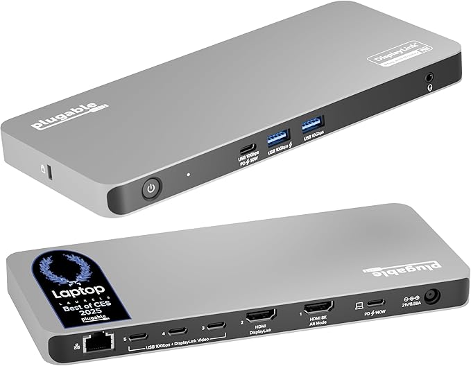 Plugable USB C Docking Station 5 Monitors, 140W DisplayLink Dock Connects up to Five 4K Displays for MacBook Windows Thunderbolt 4 Laptops, 2X HDMI, 3X USBC 2.5Gbps Ethernet, Driver Required DL7400