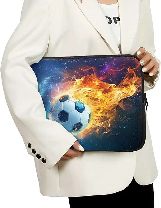 Water Flame Football Computer Sleeve for Men 15 InchLaptop Sleeve Neoprene Laptop Covers with Padded Compartment Lap Top Case Soccer Computer Carrying Bag