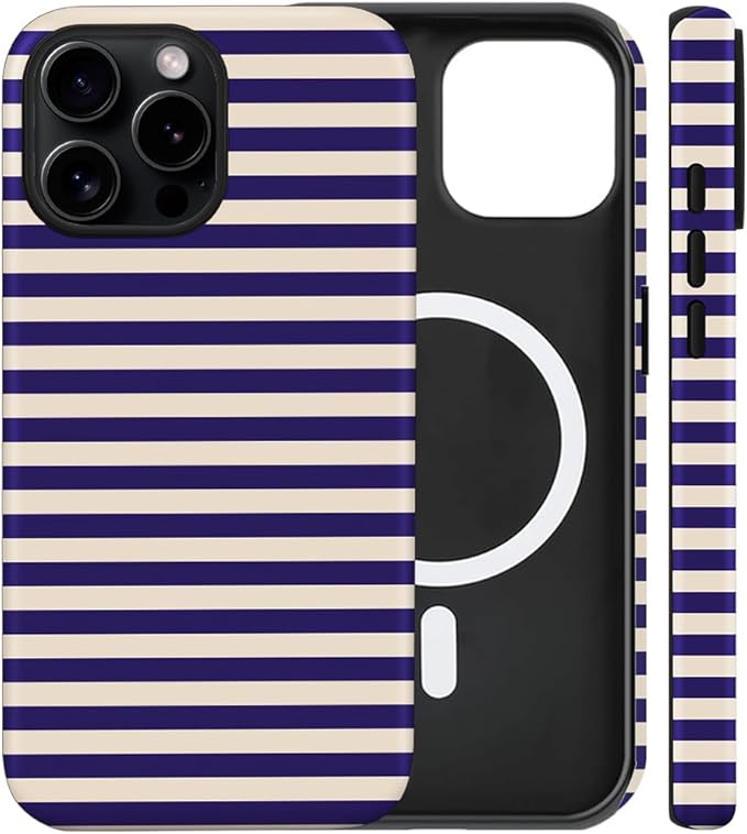 Magnetic for iPhone 15 Pro Case Cute Stripes Phone Case, Shockproof Slim TPU and Hard PC Protective Phone Cover Compatible with MagSafe Designed for Women Girls, Blue&Apricot