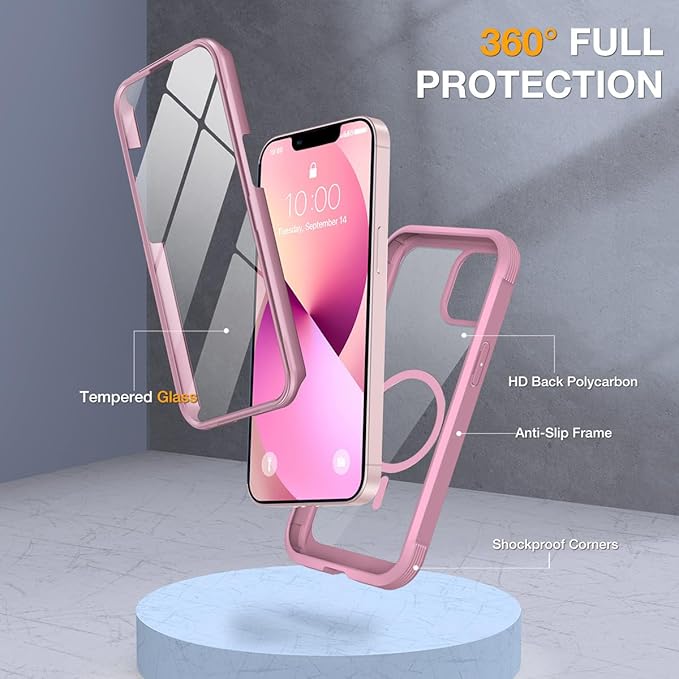 Miracase for iPhone 13 Case 6.1'',Full-Body Magnetic Clear Bumper Case with Built-in 9H Tempered Glass Screen Protector,Military Drop Protection Outdoor Phone Case,Pink
