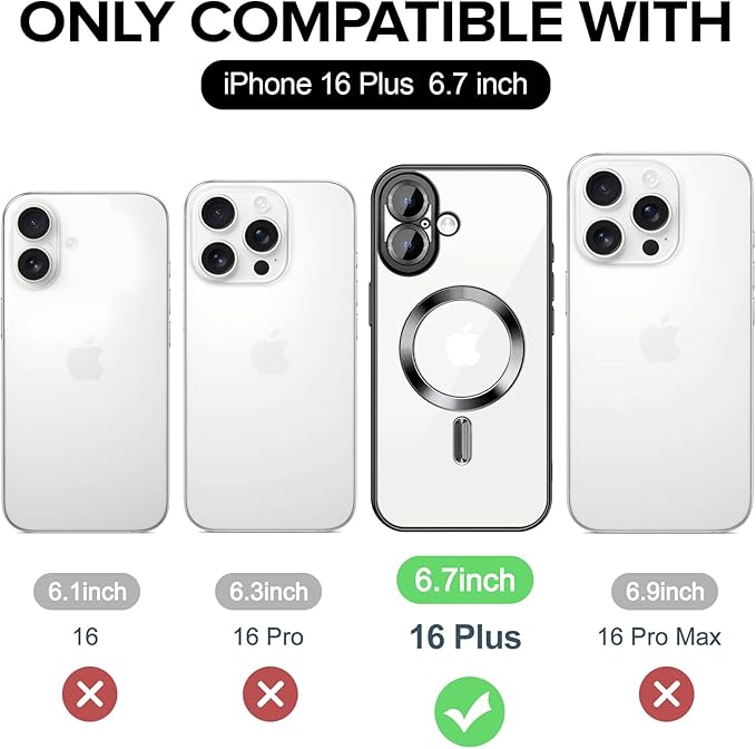 Hython Magnetic Clear for iPhone 16 Plus Case with Camera Lens Protector [Compatible with MagSafe] Luxury Plating Edge Slim Soft TPU Cover Protective Phone Case for iPhone 16 Plus 6.7", Black