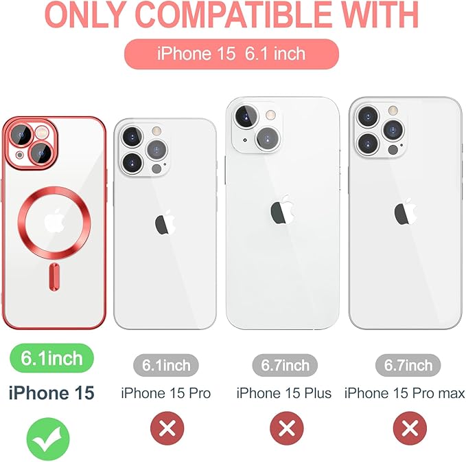 Hython Magnetic Clear for iPhone 15 Case with Camera Lens Protector [Compatible with MagSafe] Luxury Plating Edge Slim Soft TPU Cover Protective Phone Case for iPhone 15 6.1", Red