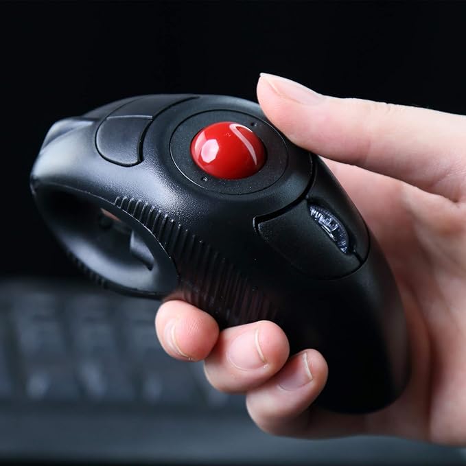 EIGIIS 2.4G Ergonomic Trackball Finger Handheld USB Wireless Mouse for PC Laptop Mac Left and Right Handed User (Black Wireless Red TrackBall)