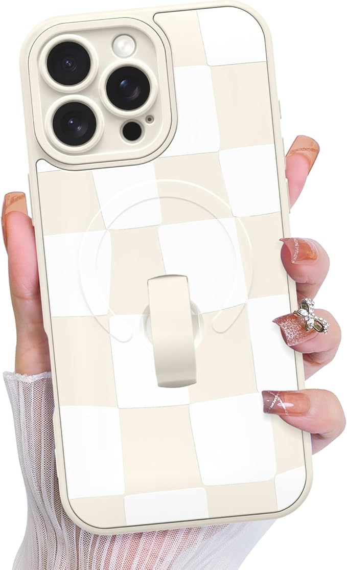 KANGHAR Compatible with iPhone 16 Pro Case, Support for MagSafe, Silicone Checkered Cute Pattern, Wristband Kickstand Camera Protection Soft Slim Cover for Girls Women -White
