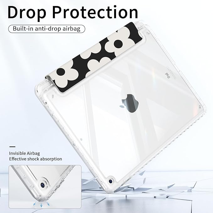 Case for iPad 10.2-inch 9th Generation (2021)/ 8th Generation (2020)/ 7th Gen (2020), Protective Slim Clear Back Cover with Pencil Holder, Trifold Sturdy Stand, Black Daisy
