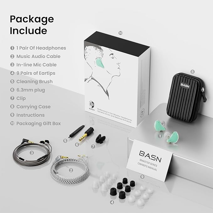 BASN Bmaster in Ear Monitor Headphones, Triple Driver IEM Earphones with Powerful Bass, Noise Isolation HiFi Stereo Wired Earbuds for Musicians Singers Drummers (Teal)