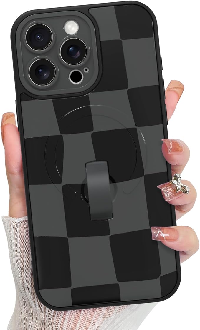KANGHAR Compatible with iPhone 15 Pro Case, Support for MagSafe, Silicone Checkered Cute Pattern, Wristband Kickstand Camera Protection Soft Slim Cover for Girls Women -Black