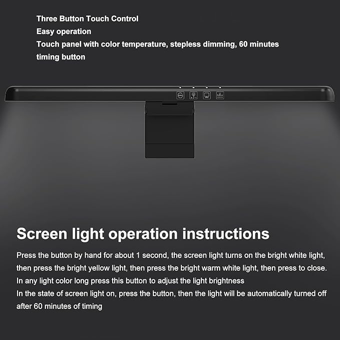Yunseity Curved Monitor Light Bar, Reading LED Monitor Light with 3 Color Temperature Modes Stepless Dimming, Touch Control Computer Monitor Lamp Bar, No Screen Glare for Home Office