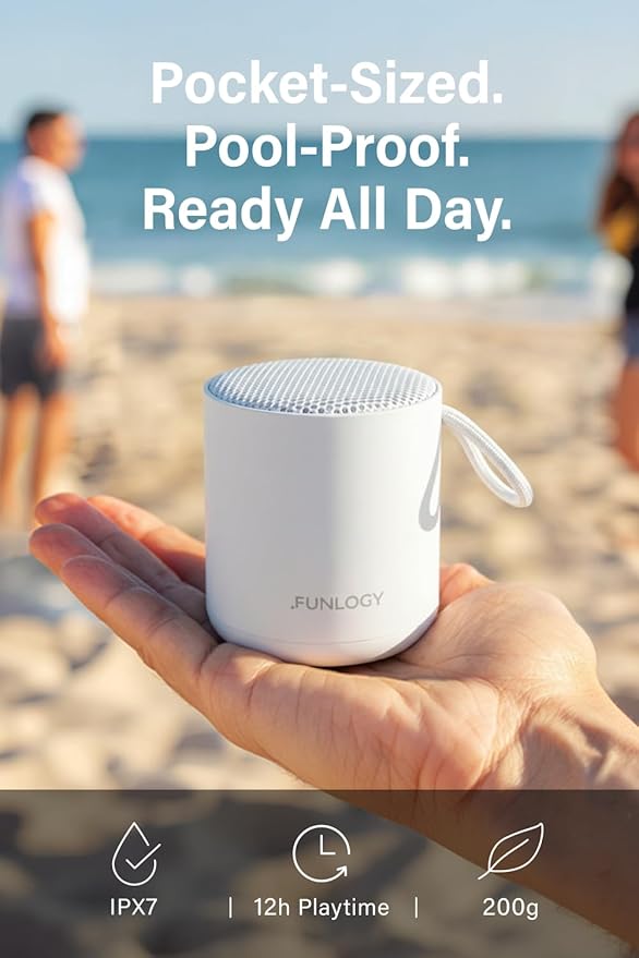 FUNLOGY Portable Mini2 Bluetooth Speaker, Wireless Portable Speaker with Deep Bass, IPX7 Waterproof, TWS Stereo Pairing, Built-in Mic, Small Speaker for Shower, Outdoor, Travel, White
