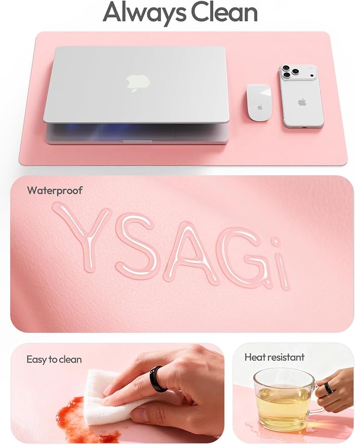 YSAGi Leather Desk Protector, Office Mat, Large Mouse Mat, Non-Slip PU Leather Blotter, Laptop Pad, Waterproof Writing Pad for Office and Home (Light Pink, 47.2" x 23.6")