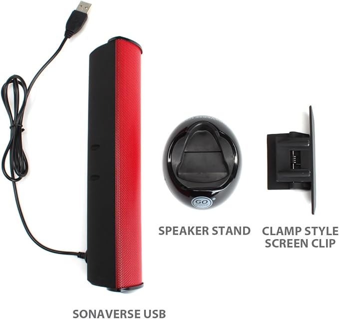 GOgroove SonaVERSE USB Speakers for Laptop Computer - USB Powered Mini Sound Bar with Clip-On Portable External Speaker Design for Monitor, One Cable for Digital Audio Input and Power (Red)