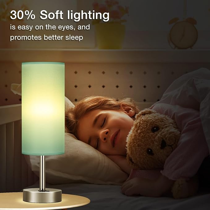 Dicoool Teal Touch Bedside Lamps for Bedroom - Small Coastal Nightstand Lamp with USB-C and USB A Charging Ports, 3 Way Dimmable Control Table Lamp for Office, Dorm with Fabric Shade Silver Base
