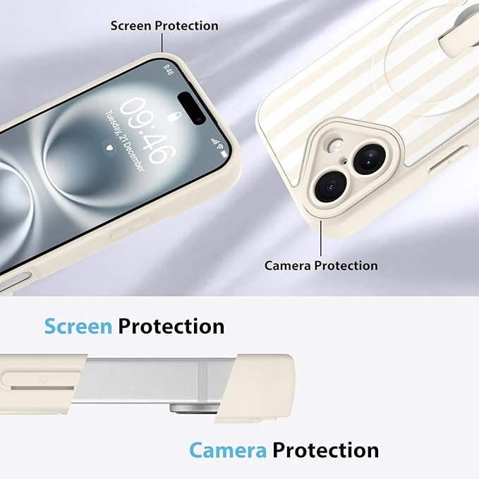 KANGHAR Compatible with iPhone 16 Case, Support for MagSafe, Silicone Stripes Cute Pattern, Wristband Kickstand Camera Protection Soft Slim Cover for Girls Women -White