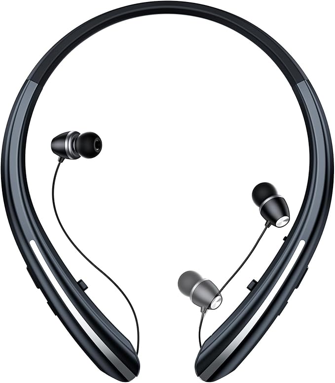 Neckband Bluetooth Headphones, 24H Battery with Auto-Retractable in-Ear Earbuds, HiFi Stereo Sound & Hybrid Active Noise Cancelling for Sports, Gym, Running, Workout, Hands-Free Calling