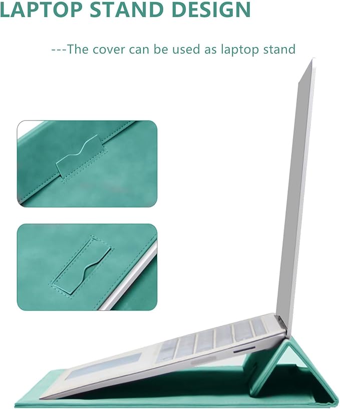 Megoo 14" Slim Laptop Sleeve Case with Stand for Samsung Galaxy Book 13.3", MacBook Air 13.3"/13.6"/Pro 14.2", Microsoft Surface Laptop 13.5", Leather Case for 13" 14" Tablet Chromebook Notebook(Cyan)