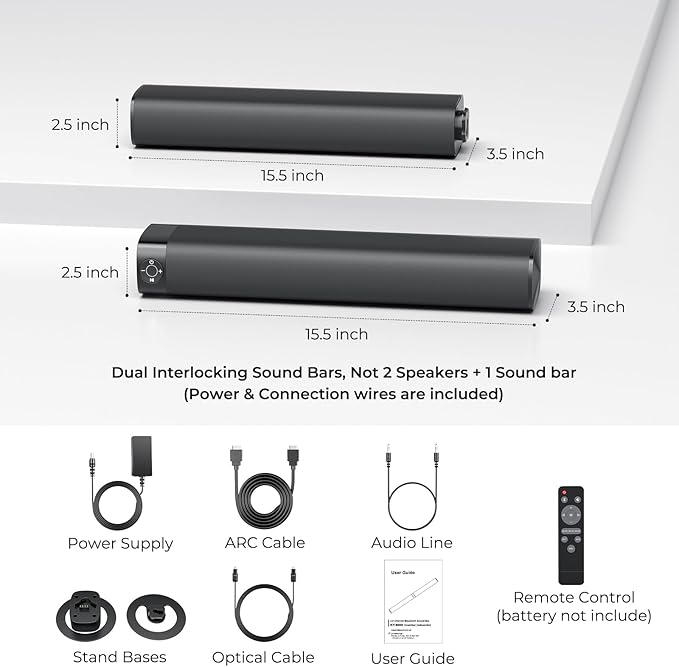 Sound Bar for Smart TV, Soundbar with Bluetooth/ARC/Opt/AUX Connect, Auto Volume Boost, 3 Equalizer Modes, 2 in 1 Detachable Soundbar for TV/PC/Gaming/Projectors