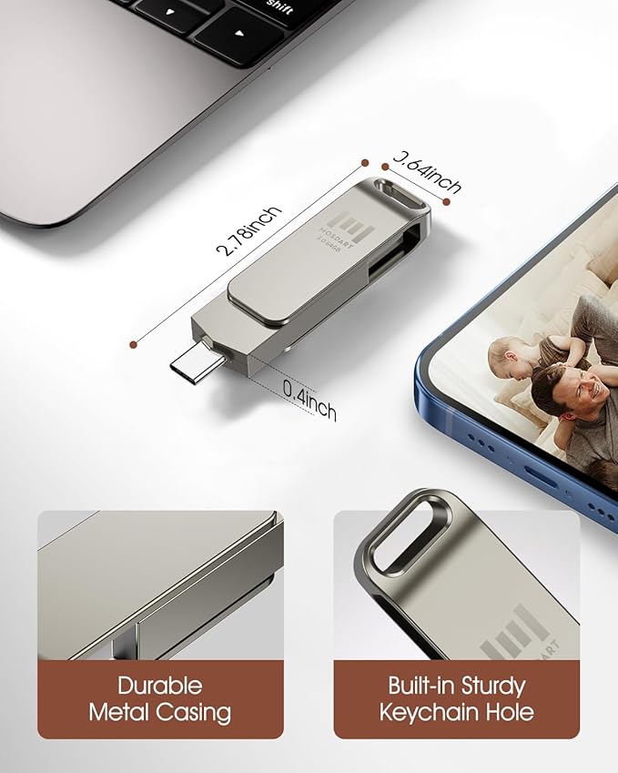 MOSDART 64GB USB C 3.2 Fast Speed C and A Dual Flash Drive, exFAT Memory Stick with Keychain Loop, for iPhone 15,16,17, Android Phone, iPad, MacBook, Silver