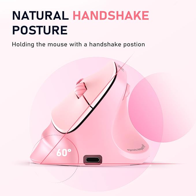 MEETION Ergonomic Mouse Wireless, Vertical Mouse RGB Backlit, Rechargeable Mice for Bluetooth(5.2 + 3.0) USB-A with Type-C Adapter, 4 Adjustable DPI, for Mac/Windows/Andriod/PC/Tablet/iPad Pink