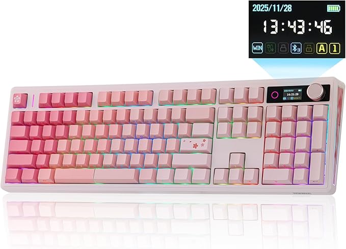 EPOMAKER TH108 V2 PRO Full Size Mechanical Keyboard with Screen&Knob, 10000mAh, BT/2.4Ghz, Mac Modifier PBT Keycap, Hot Swap, RGB, Gasket, Wireless Gaming Keyboard for Mac/PC (Pink, Creamy Jade)