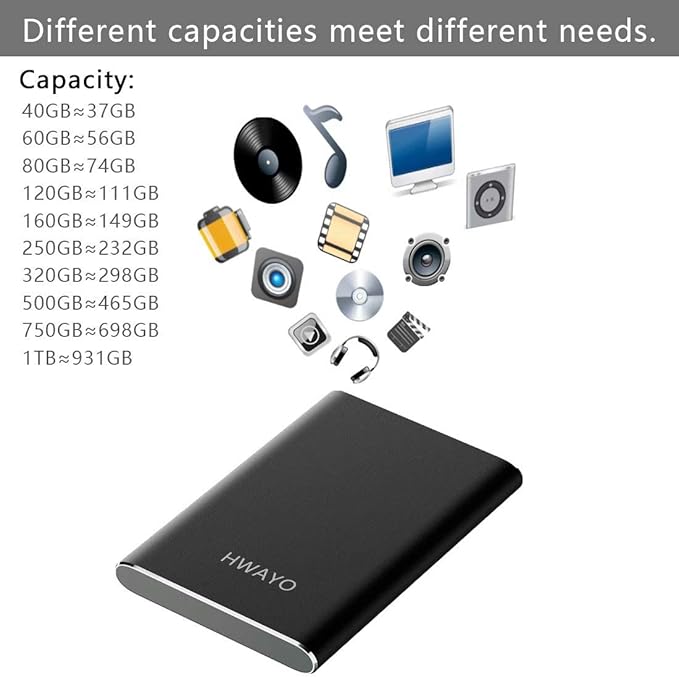 HWAYO 320GB Portable External Hard Drive, USB3.1 Gen 1 Type C Ultra Slim 2.5'' HDD Storage Compatible for PC, Desktop, Laptop, Mac, Xbox One (Black)