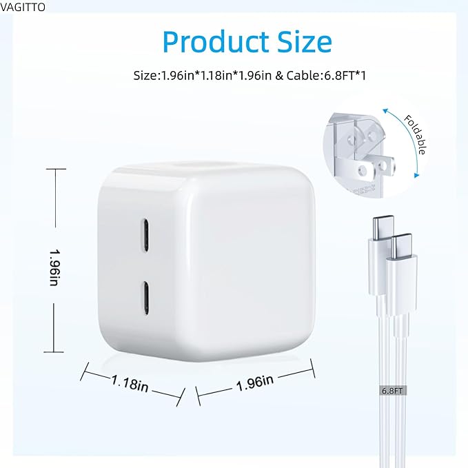 35W Dual USB C Port Compact Power Adapter, Compatible with iPhone 16/15/14, MacBook Air, iPad, Air Pods, Foldable Type C Wall Charger Plug, Includes 6.8Ft C to C Cable
