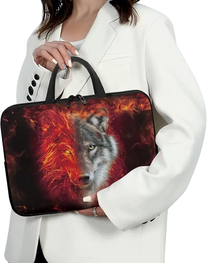 Flaming Wolf Laptop Case 17 Inch Sleeve, Protective Computer Covers with Accessory Pocket, Wildlife Animal Compatible Sleeve Bag for Most 10-17 Inch Notebooks, Black & Red