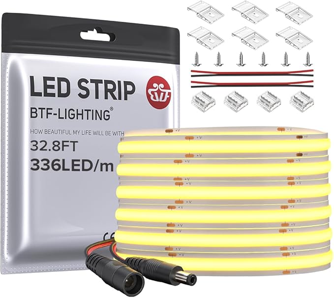 BTF-LIGHTING FCOB COB LED Strip Flexible High Density Uniform Light 8W/m 32.8FT DC24V Warm White 3000K CRI 90+ 8mm Width LED Ribbon for for Bedroom Indoor Decor(No Adapter or Controller)