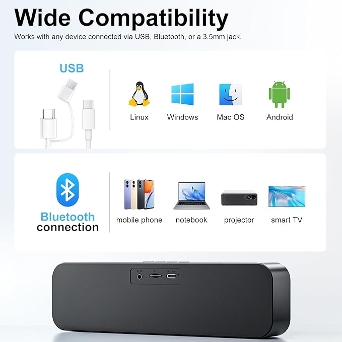 Computer Speakers for Desktop PC,Rechargeable Bluetooth Speaker,Small Computer Soundbar with Stereo & Bass,3.5mm Aux-in,TF Port,Loud Volume for Web Conferences,Teacher,Music (Black)