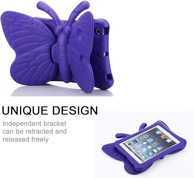 Kids Case for Apple iPad Mini 5/Mini 4/Mini 3/Mini 2/Mini 1 with kickstand Soft EVA Foam Lightweight Shockproof Stand Cover for iPad Mini 5th/4th/3rd/2nd/1st Generation 7.9", Purple Butterfly
