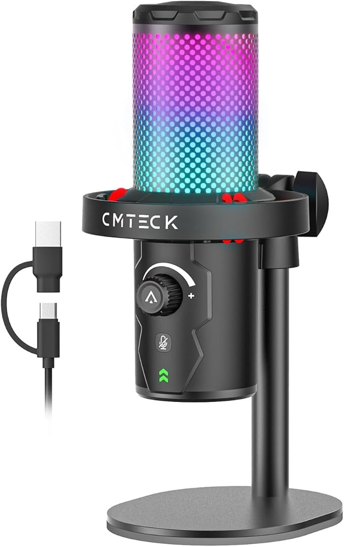 CMTECK USB Microphone for PC Gaming, Condenser Gaming Microphone with Quick Mute, RGB Indicator, Plug and Play, Desk Podcast Mic for Recording, YouTube, Streaming, Compatible with PS4/5/PC (Black)