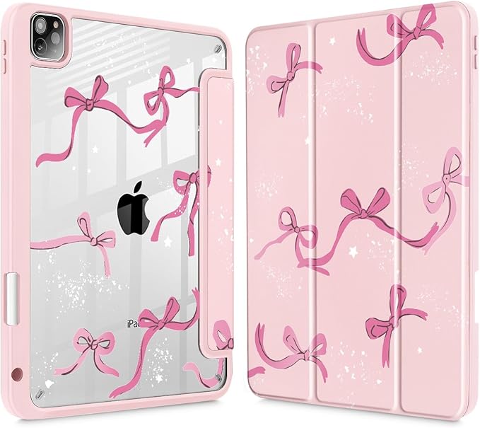 Tuiklol for iPad Pro 11 Inch 4th / 3rd / 2nd / 1st Gen (2022 2021 2020 2018) Case -Built-in Pencil Holder Shockproof Cover Clear Transparent Back Shell with Auto Wake/Sleep, Bow-Pink