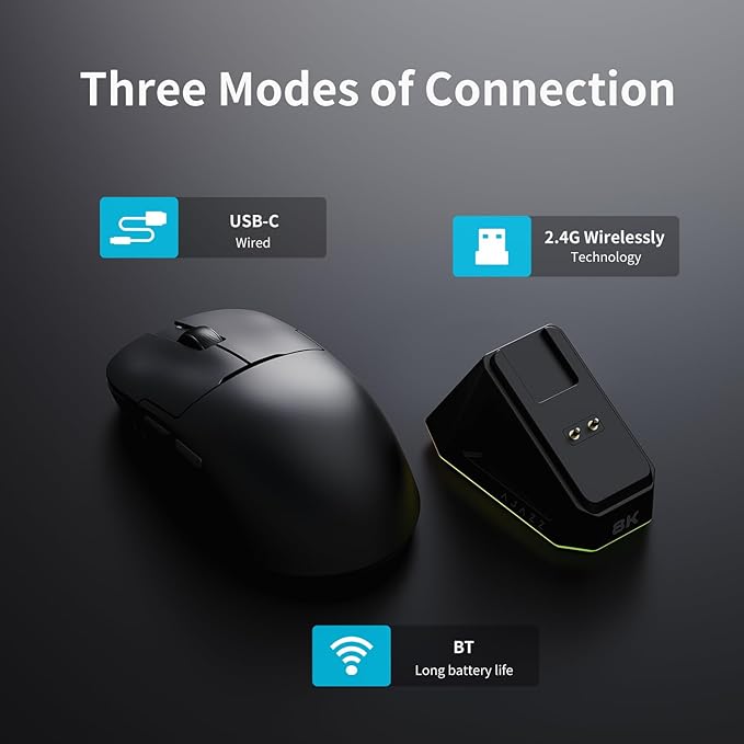 DAIDAI AJ159PRO 8Khz Bluetooth/2.4G/Wired 56G Lightweight Gaming Mouse with Magnetic Charging Dock, PAW3395 Sensor 26KDPI, Huanuo 100 Million Click, 100% ETFE Foot Pad & 8Khz Receiver