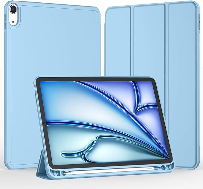 iMieet iPad Air 11 Inch Case M4/M3/M2(2026/2025/2024), iPad Air 5th/4th Generation Case 2022/2020 10.9 Inch with Pencil Holder,Trifold Stand Smart Case with Soft TPU Back(Azure Blue)