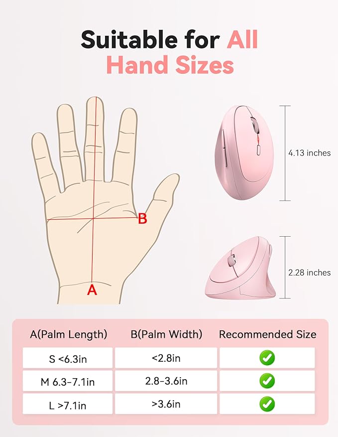 TECKNET Ergonomic Mouse, Bluetooth Wireless Vertical Mouse, Rechargeable Battery, Quiet Clicks, 4800 DPI Adjustable, BT5.0/3.0 & 2.4G Connect, Easy to use, Wide Compatibility - Pink