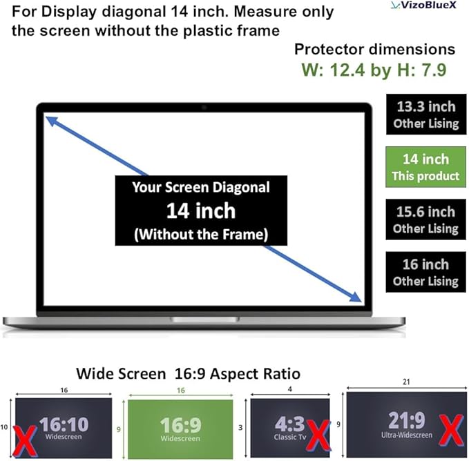 VizoBlueX - 14 inch Diagonal Blue Light Blocking Screen Protector Filter. Panel LED PC Laptop Anti-UV Eye Protection Panel Cover - Widescreen Laptop Frame Hanging Type (W 12.4" X H 8.0")