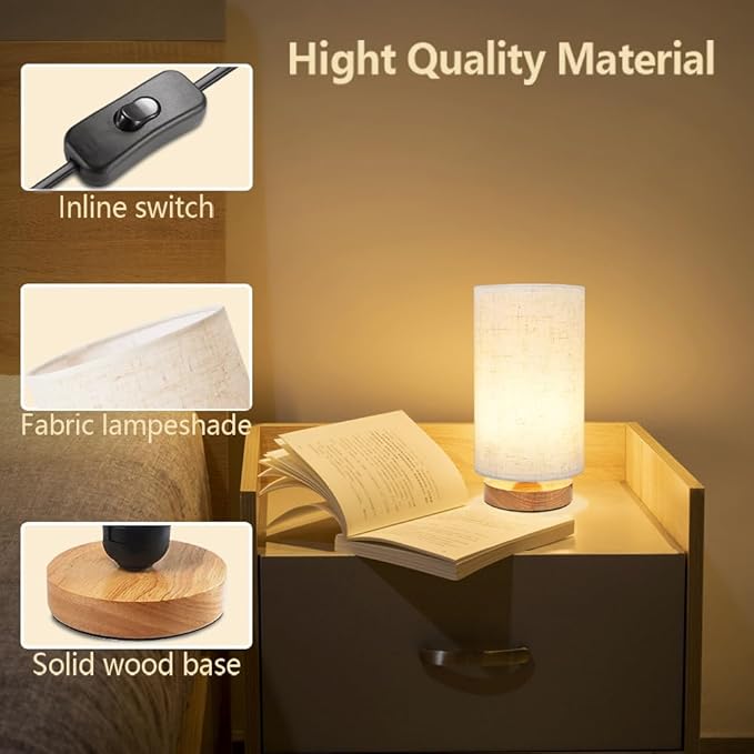 Small Bedside Table Lamp for Bedroom, Minimalist Wood Base & Round Fabric Shade, Mini Cute Cozy Warm White Nightstand Boho Lamp, Study Desk Night Stand Light for Room, Dorm, Nursery, Living Room