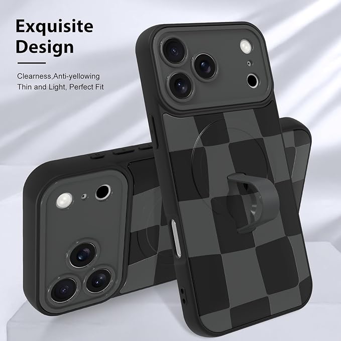 KANGHAR Compatible with iPhone 17 Pro Case, Support for MagSafe, Silicone Checkered Cute Pattern, Wristband Kickstand Camera Protection Soft Slim Cover for Girls Women -Black