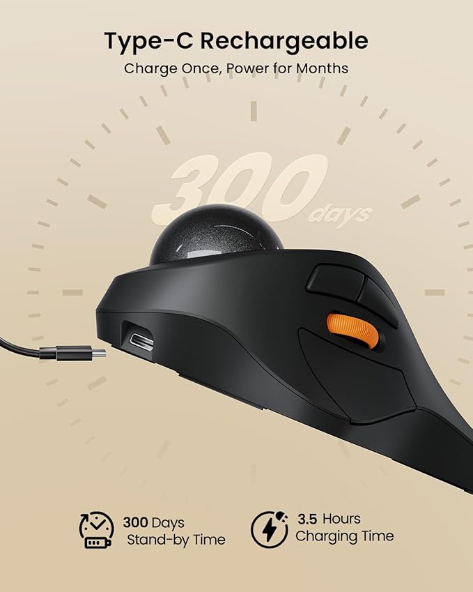 ProtoArc Wireless Bluetooth Trackball Mouse, EM03 NL Ergonomic Rollerball Mouse Rechargeable Computer Mice, 3 Device Connection, Compatible with PC, iPad, Mac, Windows-Gray Ball