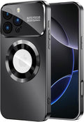 MAKAVO Magnetic for iPhone 16 Pro Case, Compatible with MagSafe, Built-in Camera Lens Protector, Logo View, Military Grade Drop Proof Phone Cover, Black