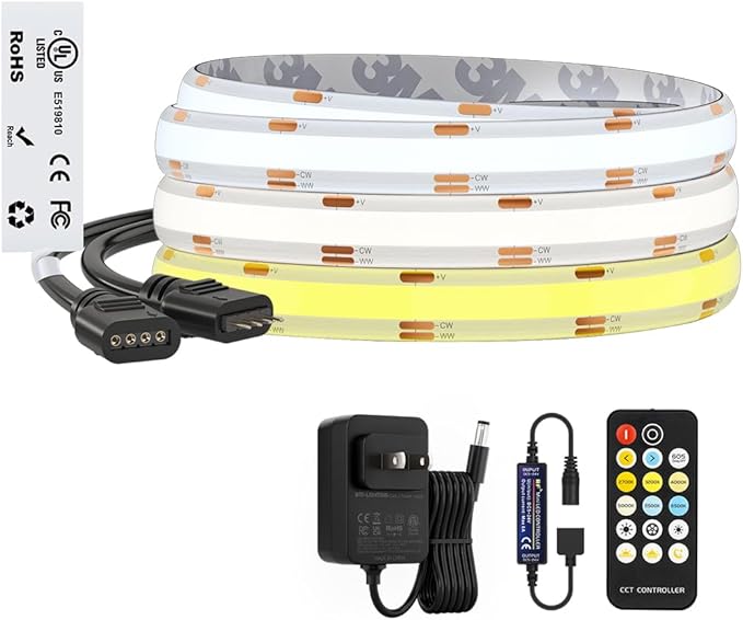 BTF-LIGHTING FCOB COB CCT 3000K-6000K Tunable White LED Strip with RF Remote,UL Listed 12V 9.8FT 640LEDs/m Super Bright Dimmable Tape Light for Bedroom Kitchen Under Cabinet Indoor Decor