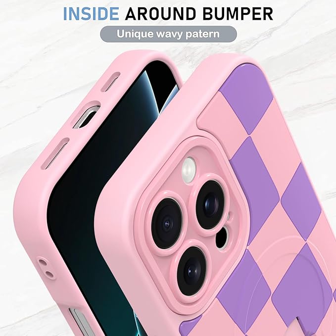KANGHAR Compatible with iPhone 16 Pro Case, Support for MagSafe, Silicone Checkered Cute Pattern, Wristband Kickstand Camera Protection Soft Slim Cover for Girls Women -Pink