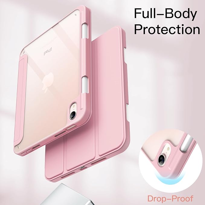 JETech Case for iPad mini (A17 Pro, 2024 Model, 7th Generation) / mini 6 (2021 Model, 6th Generation) with Pencil Holder, Clear Back Shell Stand Shockproof Tablet Cover, Auto Wake/Sleep (Pink)